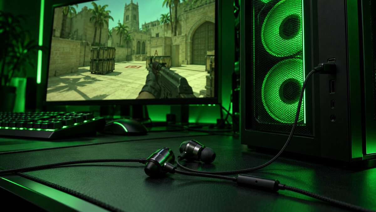 Black wired iems for gaming plugged into the USB-C port on a green-lit PC front panel, with Counter-Strike 2 running on the monitor beside it