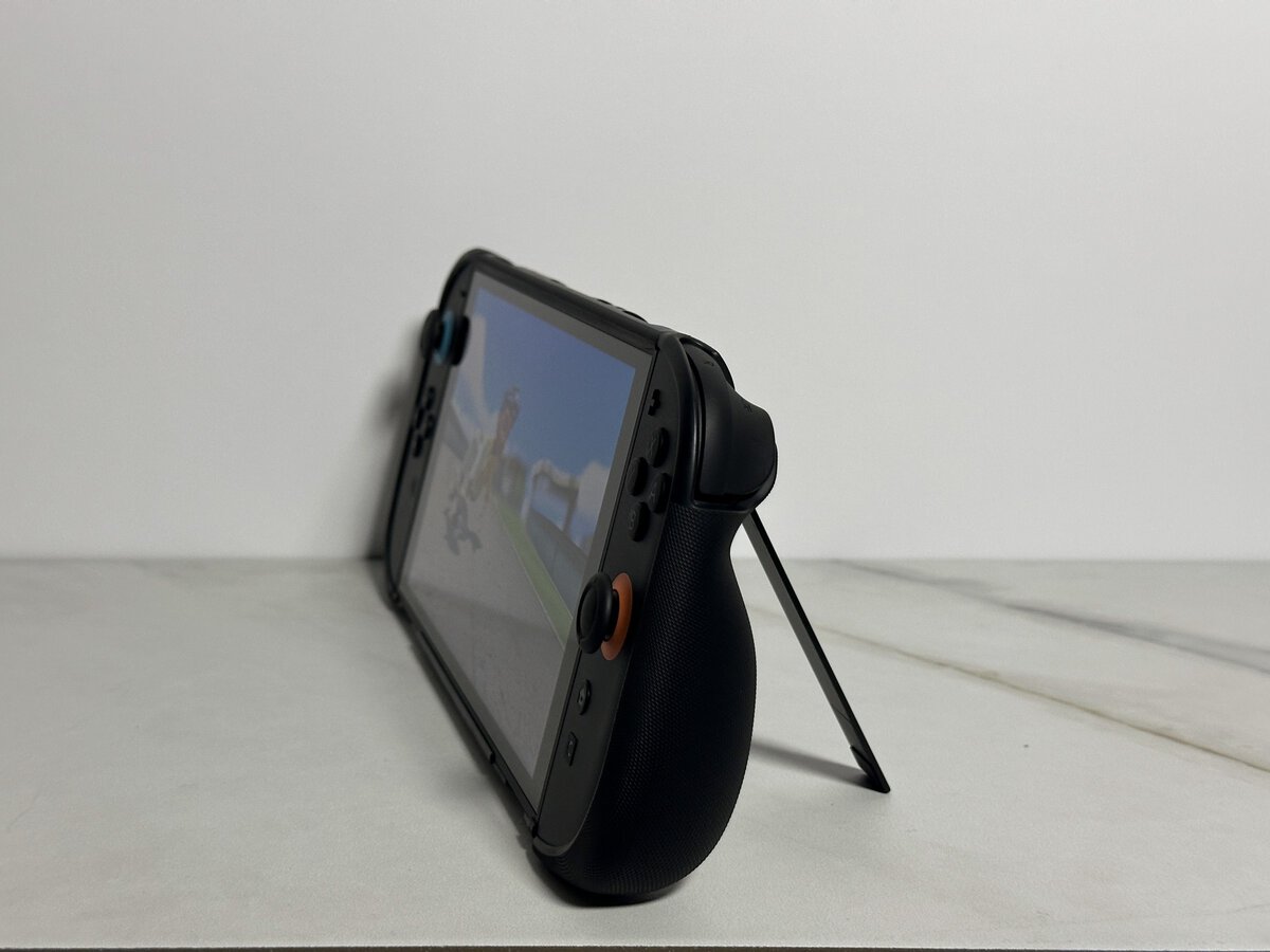 JSAUX GoJoy case standing on its fold-out stand with the Switch 2 screen facing the camera at an angle