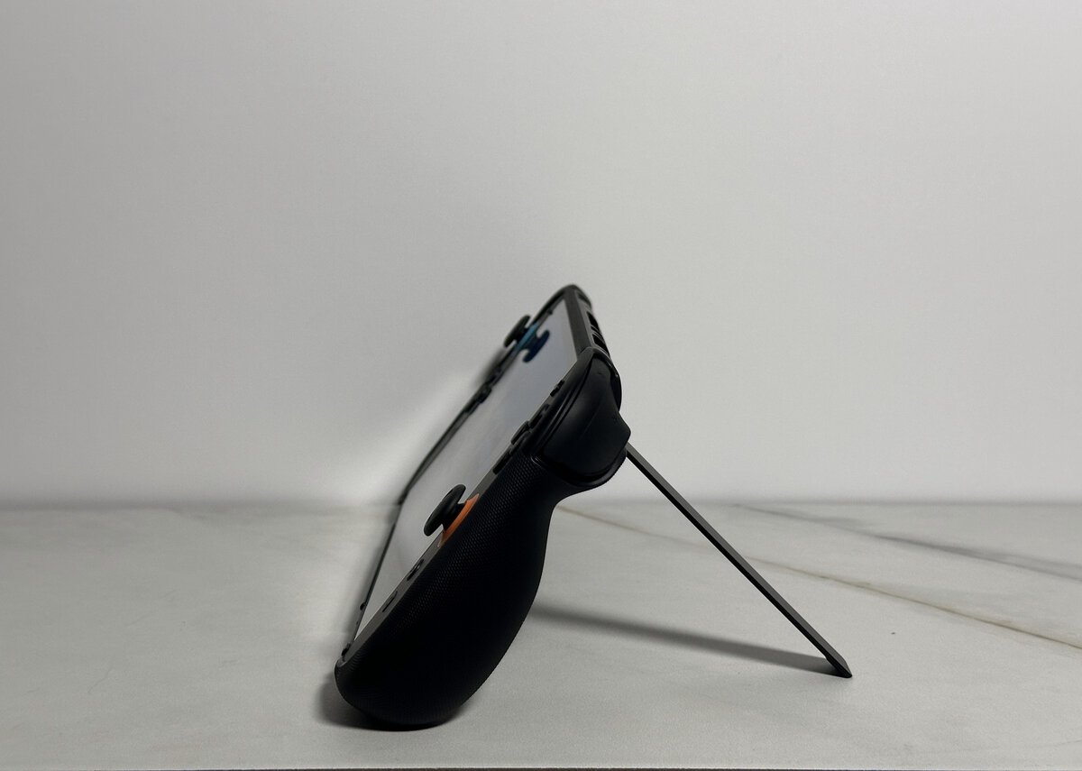 Side view of the JSAUX GoJoy case with its stand set at a lower angle and the screen tilted back
