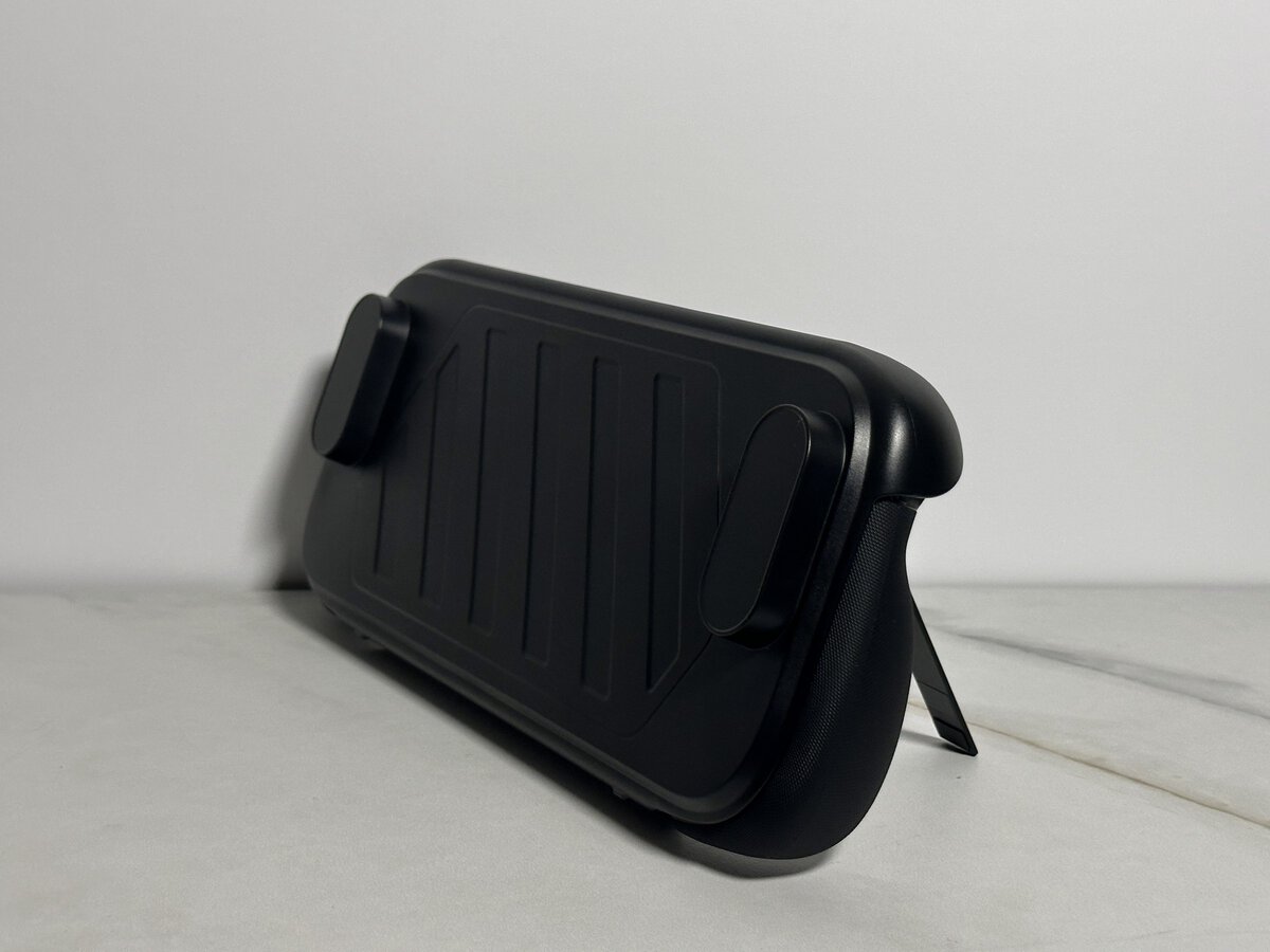 JSAUX GoJoy case closed with its ridged front cover on, standing on the fold-out stand