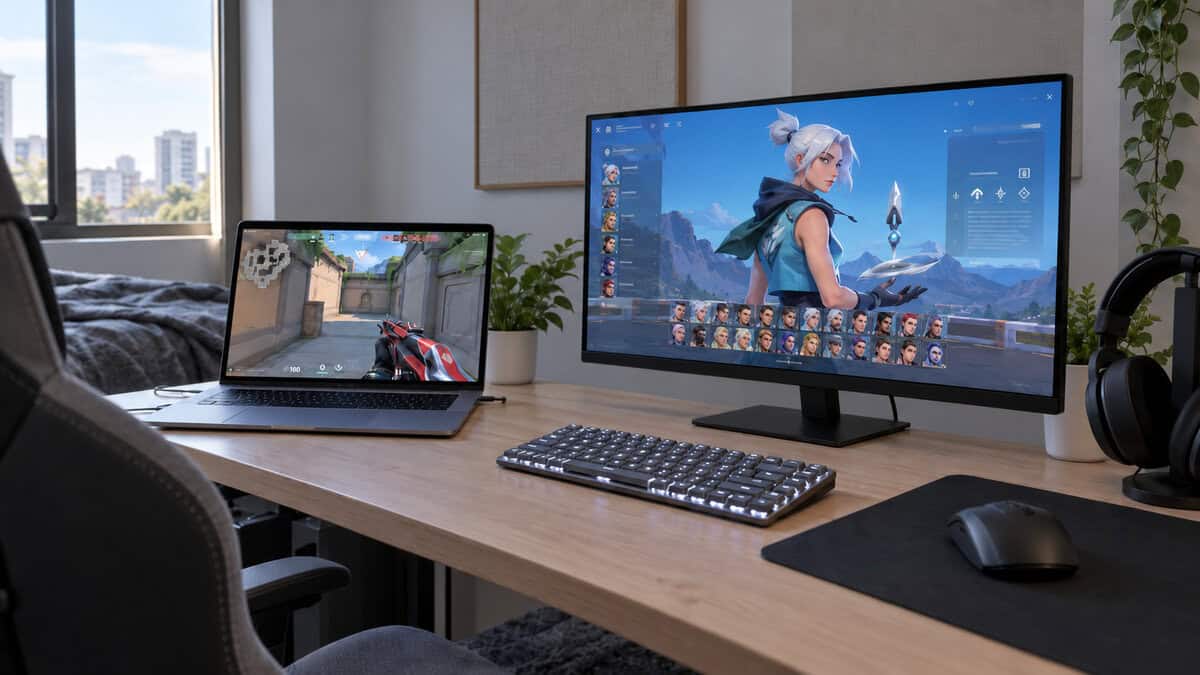 Slim 75% low-profile mechanical keyboard with white backlight on a wooden desk beside an open laptop in window daylight