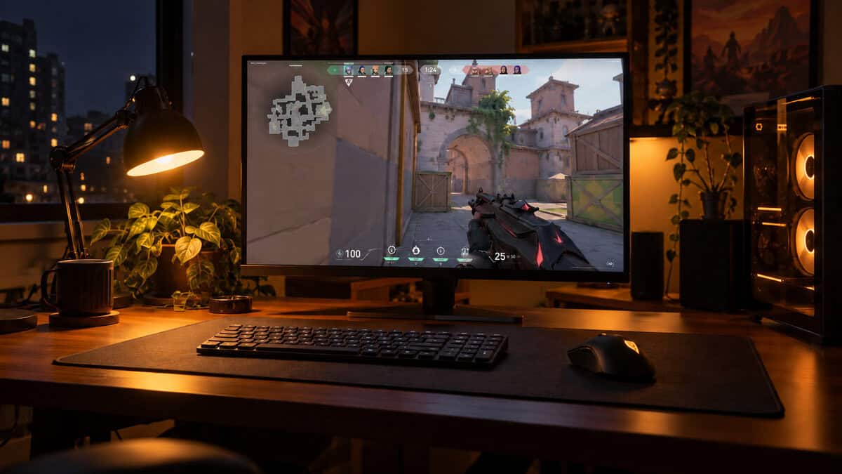 Flat low-profile mechanical keyboard and mouse at the same height on a desk mat at night with no wrist rest, lit by a warm lamp