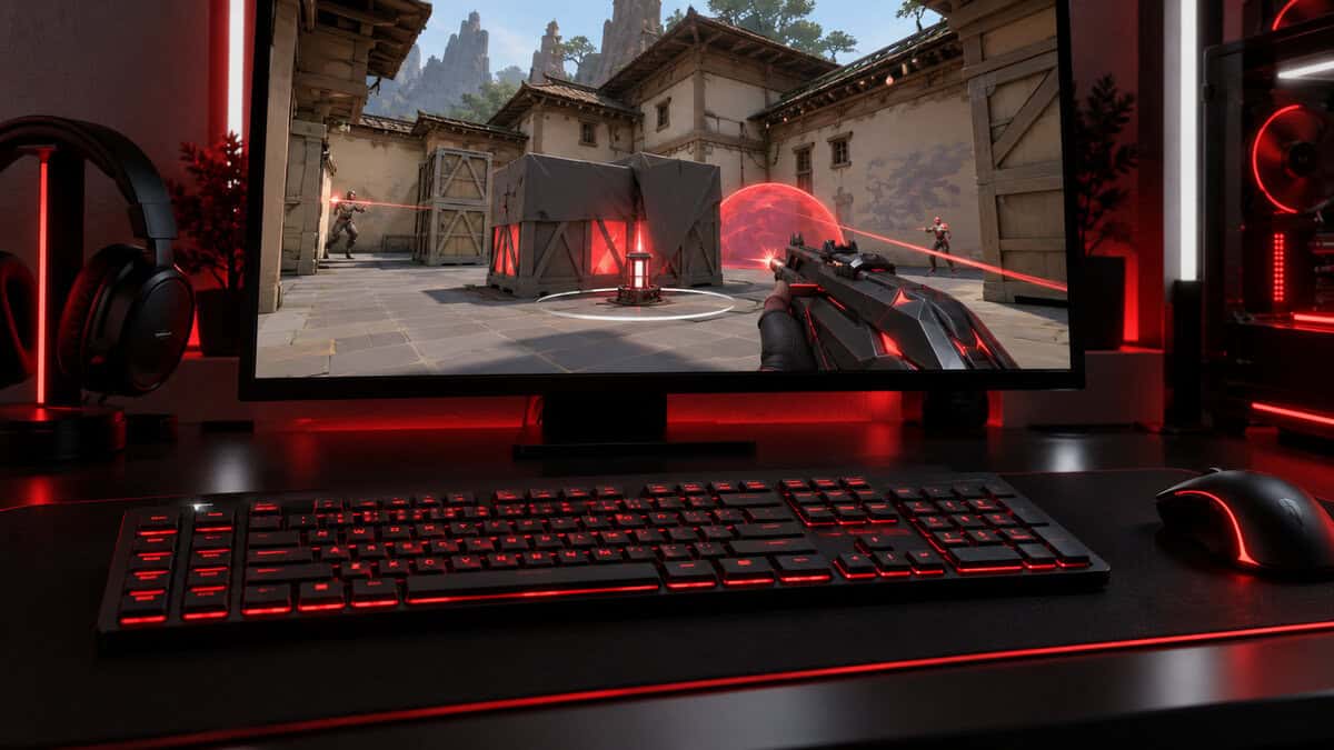 Full-size low-profile mechanical keyboard with two columns of macro keys on the left and red lighting under its thin keycaps