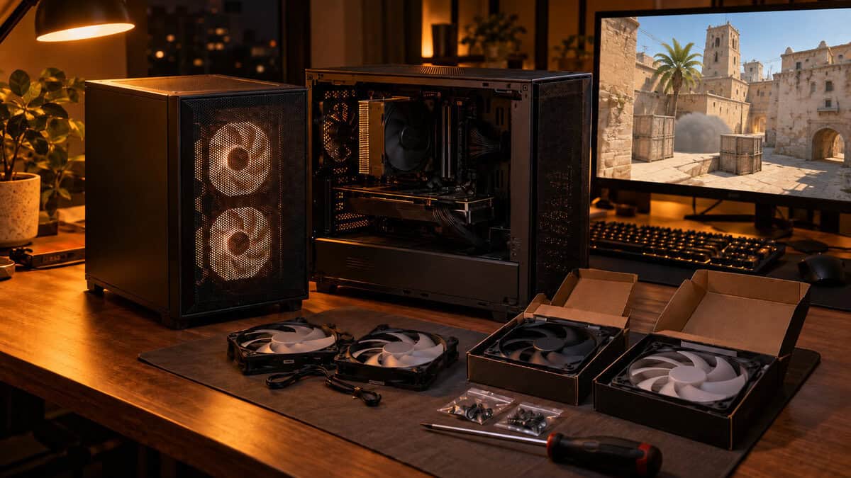 Boxed and loose case fans with screws and a screwdriver laid out beside two micro-ATX case builds under a warm amber desk lamp