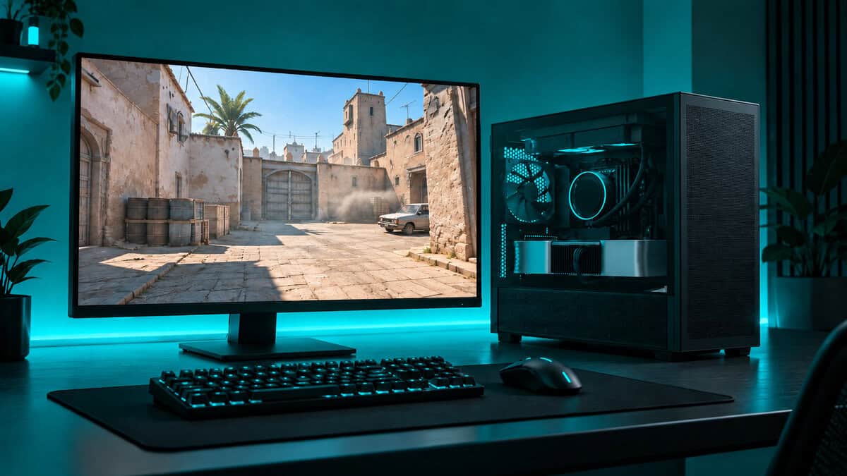 Black micro-ATX case with a mesh front and glass side beside a gaming monitor showing a sunlit desert map under cyan-teal desk lighting