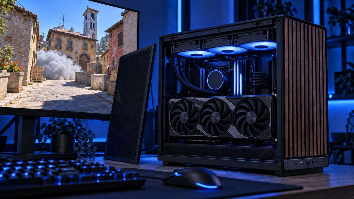 Wood-front micro-ATX case with its mesh side panel off, showing a long triple-fan graphics card and a top radiator in cool blue light