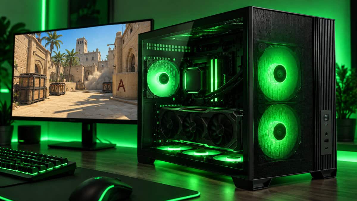 Glass-sided micro-ATX case with two front intakes, three floor fans and a rear exhaust glowing green next to a gaming monitor