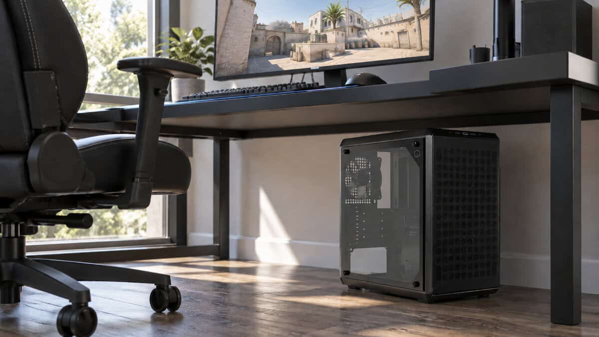 Compact micro-ATX case with a perforated front and clear side panel sitting on a wood floor under a gaming desk in daylight