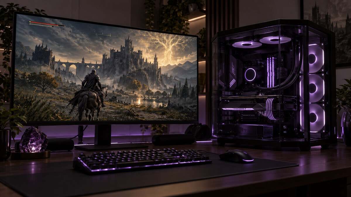 Glass-panel mini-ITX case glowing purple with a liquid cooler, top fans and three side fans, set beside a monitor showing Elden Ring