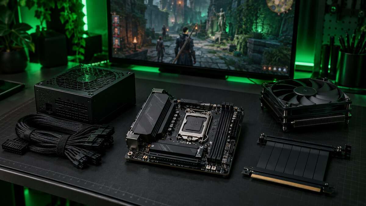 Parts a mini-ITX case can call for laid out on a cutting mat: an SFX power supply, braided cables, a small motherboard, a low-profile cooler and a riser cable, Baldur's Gate 3 on the monitor