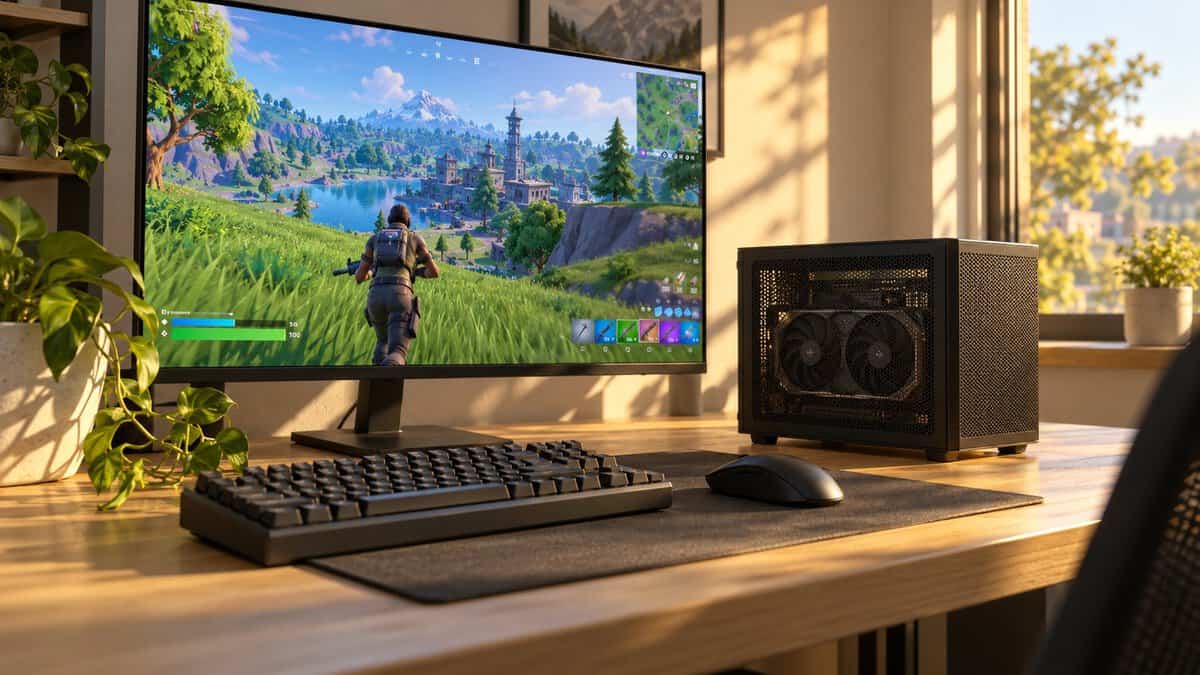 Tiny black mesh cube mini-ITX case with a dual-fan graphics card inside, sitting on a sunlit wooden desk next to a monitor running Fortnite