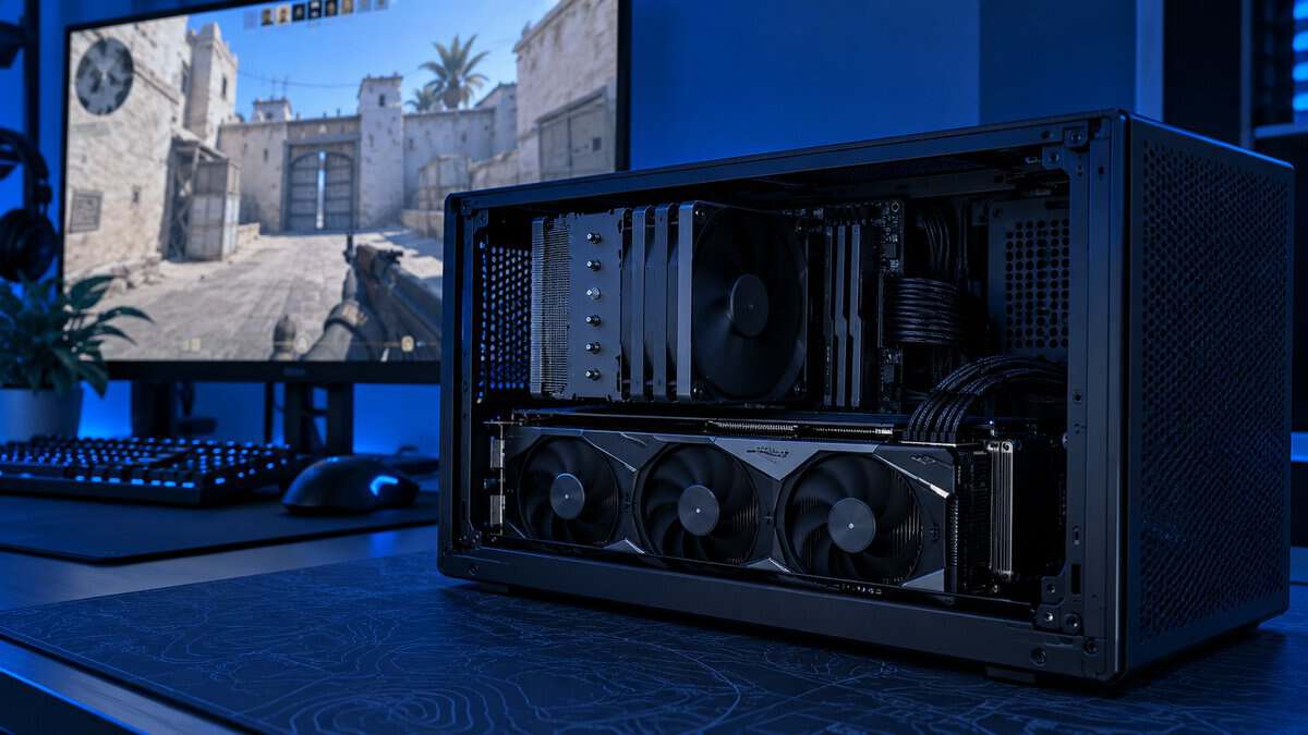 Open-sided black mini-ITX case holding a triple-slot graphics card below a tall tower air cooler, Counter-Strike 2 on the monitor behind it