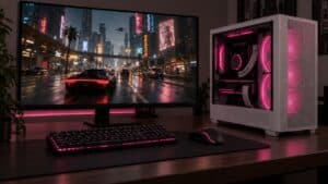 White mesh mini-ITX case with magenta-lit fans and a liquid cooler beside a gaming monitor showing the neon streets of Cyberpunk 2077