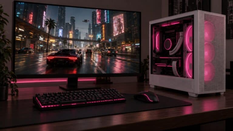 White mesh mini-ITX case with magenta-lit fans and a liquid cooler beside a gaming monitor showing the neon streets of Cyberpunk 2077