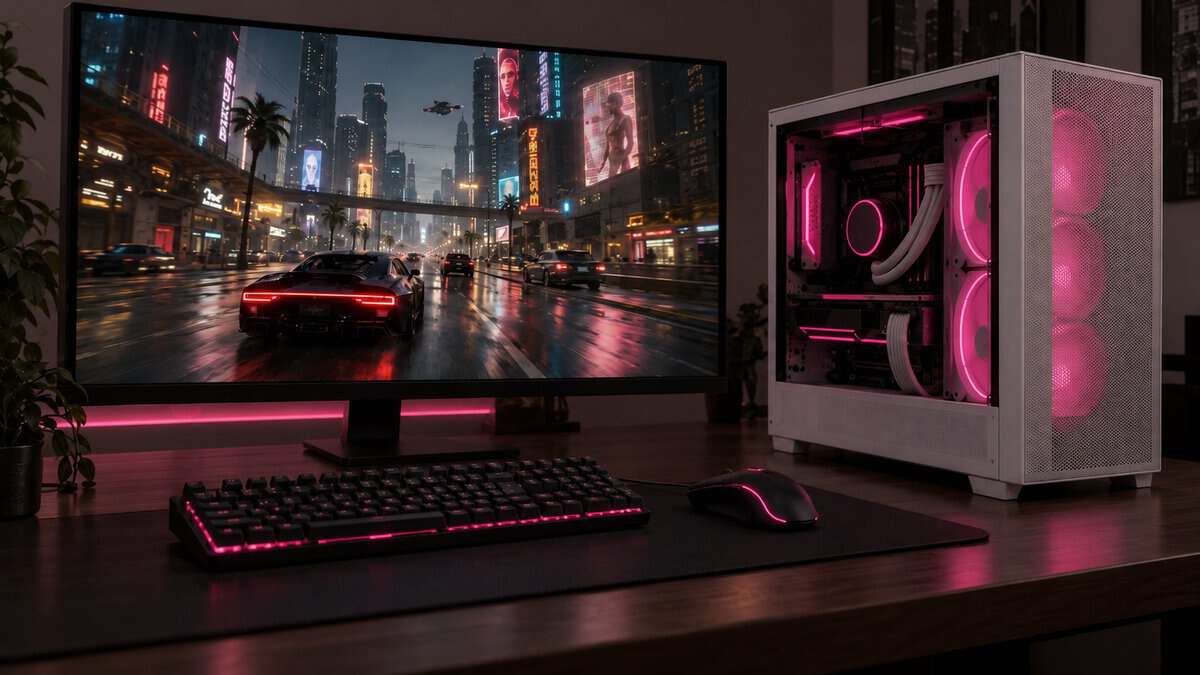 White mesh mini-ITX case with magenta-lit fans and a liquid cooler beside a gaming monitor showing the neon streets of Cyberpunk 2077