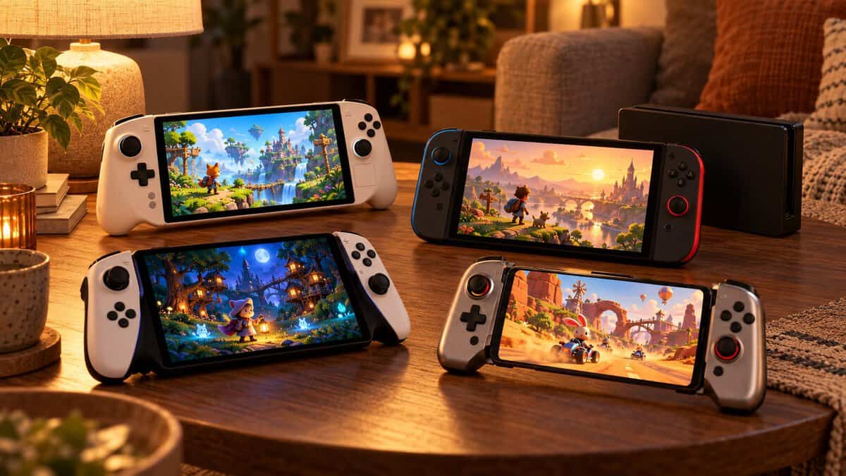 Four steam deck alternative options on a lamp-lit wooden coffee table: a white handheld PC, a hybrid console beside its dock, a remote-play handheld and a phone in a controller grip