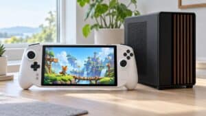 A white steam deck alternative handheld PC with twin grips on a sunlit wood desk beside a black compact gaming tower, a cartoon fox adventure game on its screen