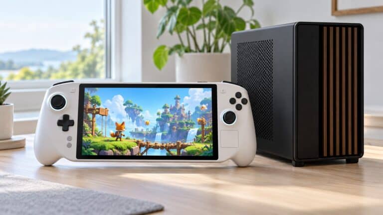 A white steam deck alternative handheld PC with twin grips on a sunlit wood desk beside a black compact gaming tower, a cartoon fox adventure game on its screen