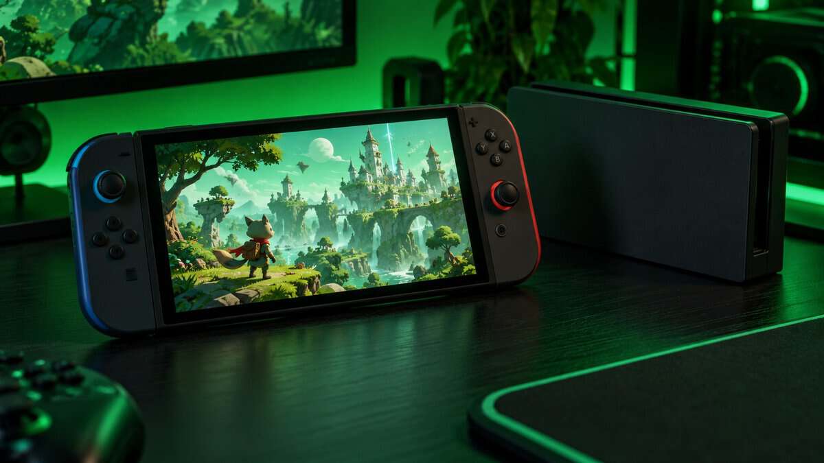 A hybrid console as a steam deck alternative on a green-lit dark desk, its blue and red detachable controllers framing a fantasy castle game, with the TV dock standing behind it