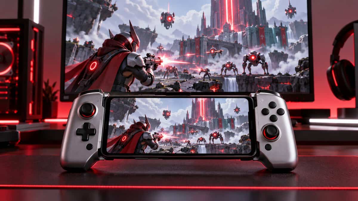 A phone clipped into a silver telescoping controller grip, a pocket steam deck alternative, on a red-lit desk in front of a gaming PC monitor streaming the same sci-fi castle battle