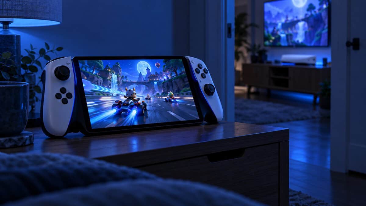 Remote-play handheld steam deck alternative with white split-controller grips on a blue-lit bedroom dresser, a kart racing game on screen and a console glowing under the TV in the next room