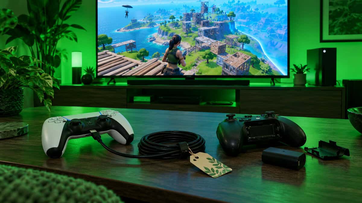 Charging-themed stocking stuffers for gamers on a green-lit coffee table: a white controller plugged into a coiled USB-C cable next to a black controller and its rechargeable battery pack