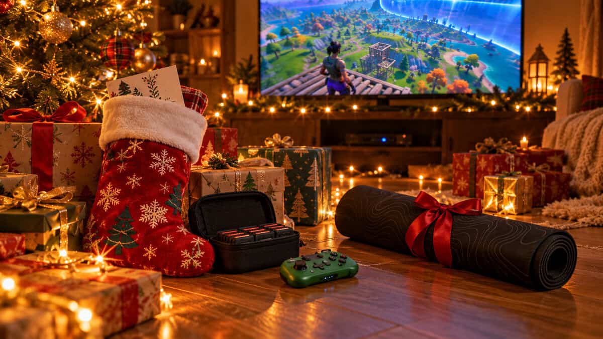 A holiday spread of stocking stuffers for gamers under warm string lights: a red stocking, a zip-up game card case, a green pocket controller and a ribbon-tied mousepad among wrapped gifts