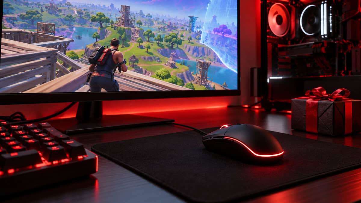 PC stocking stuffers for gamers: a black wired mouse with a red light strip on a cloth mousepad beside a red-backlit keyboard and a wrapped gift