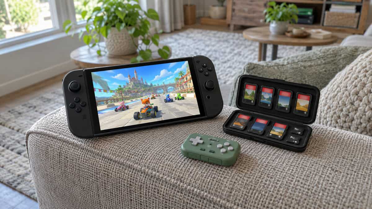 Handheld stocking stuffers for gamers on a couch armrest in daylight: a handheld console, an open game card case and a small green pocket controller