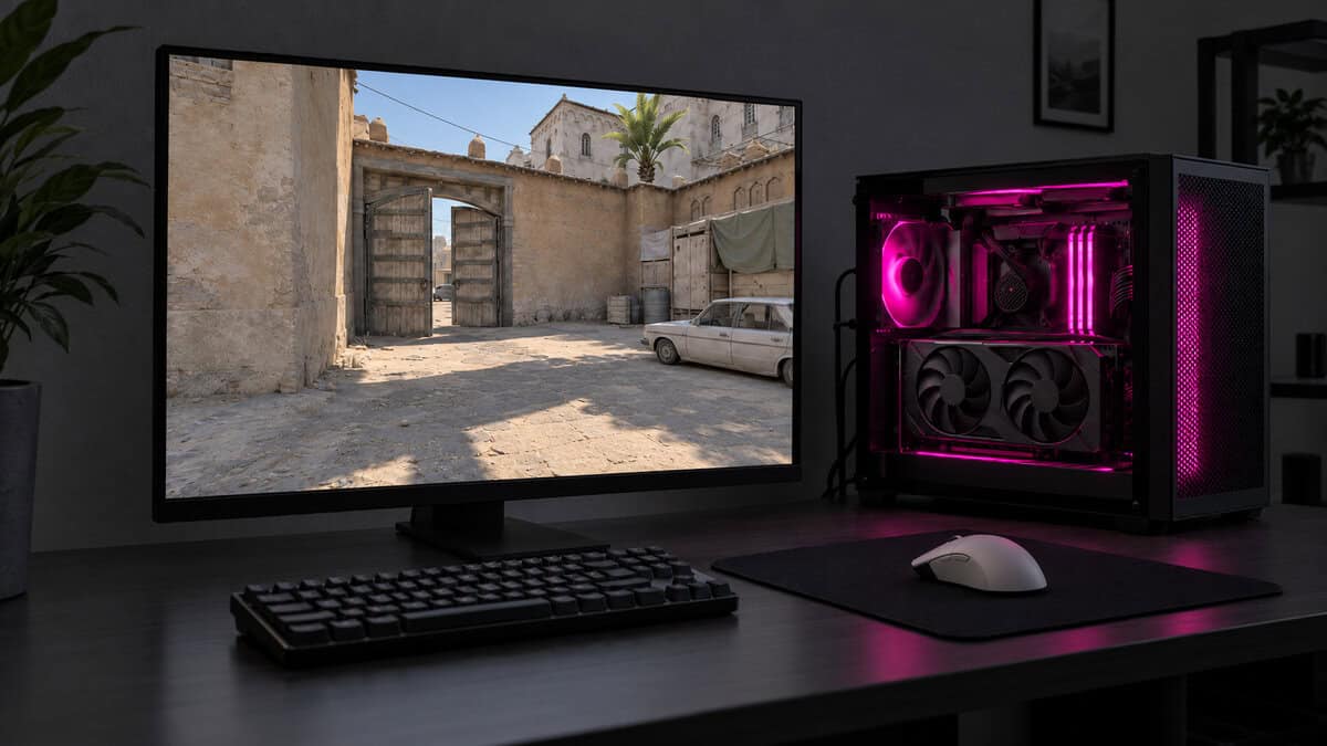 Compact black gaming PC with magenta internal lighting next to a monitor showing Counter-Strike 2 on Dust II, the kind of 1080p esports desk where the answer to how much VRAM do I need is 8GB