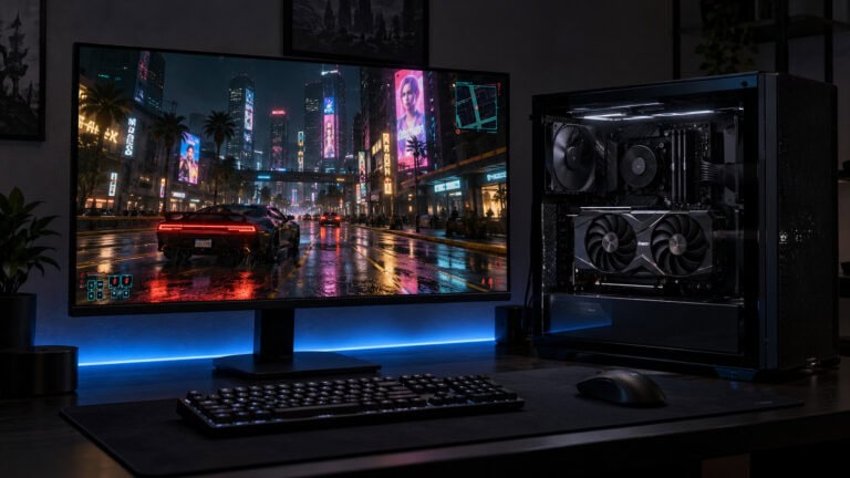 Open black mid-tower with a dual-fan graphics card beside a monitor running Cyberpunk 2077 in rainy Night City, a blue light strip glowing under the screen, a desk that raises the question of how much VRAM do I need
