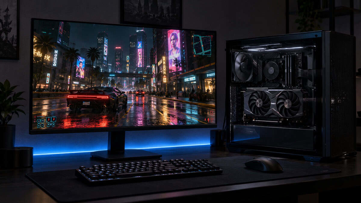 Open black mid-tower with a dual-fan graphics card beside a monitor running Cyberpunk 2077 in rainy Night City, a blue light strip glowing under the screen, a desk that raises the question of how much VRAM do I need