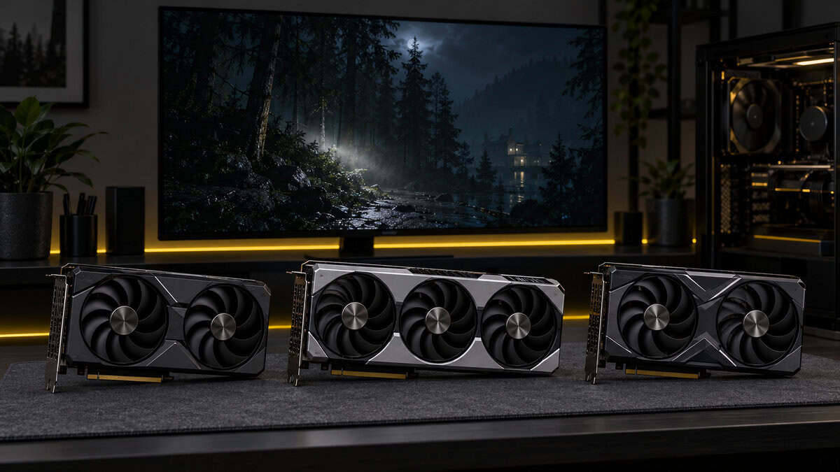 Three graphics cards lined up on a gray desk mat in front of a monitor showing a moonlit forest in Alan Wake 2 with a golden yellow strip behind it, one card per budget when deciding how much VRAM do I need